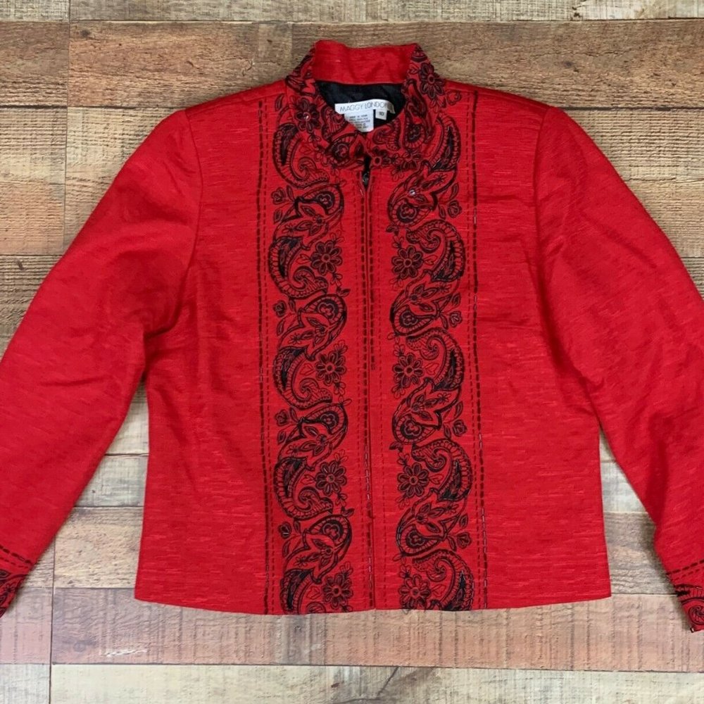 MAGGY LONDON Women Ladies 100% Silk Red Embellishe